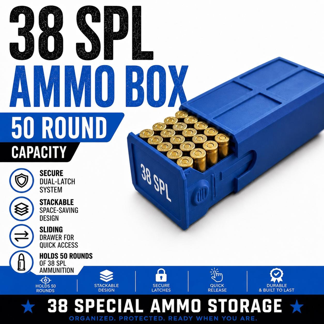 38 Special Ammo Case – 50 Round Stackable Storage Box, Dual-Latch System