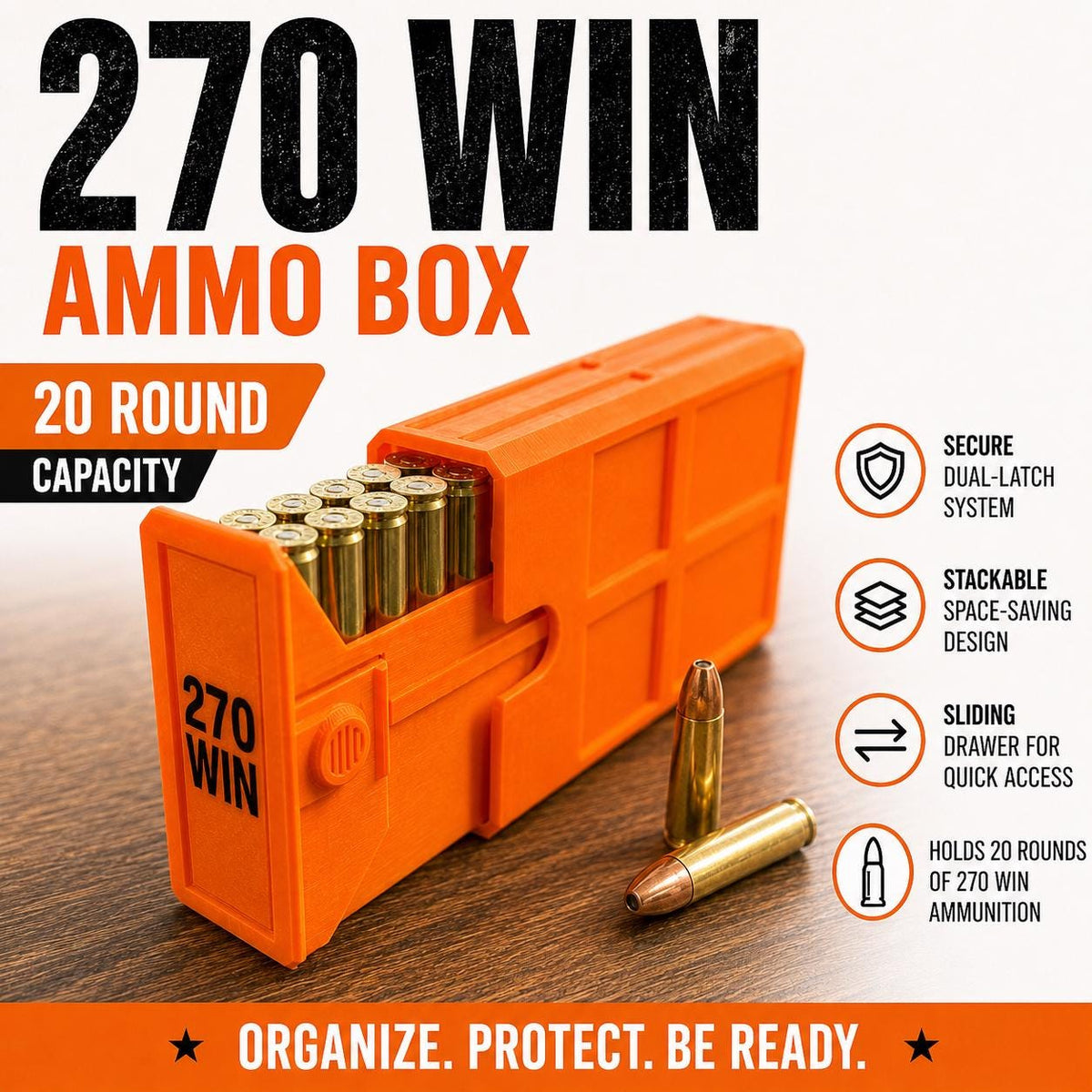 270 Winchester Magnum Ammo Box | 20 Round Stackable Storage Case | Dual-Latch Ammo Holder