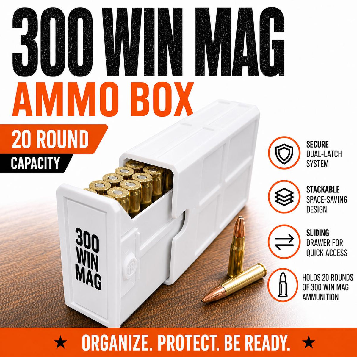 300 Winchester Magnum Ammo Box | 20 Round Stackable Storage Case | Dual-Latch Ammo Holder