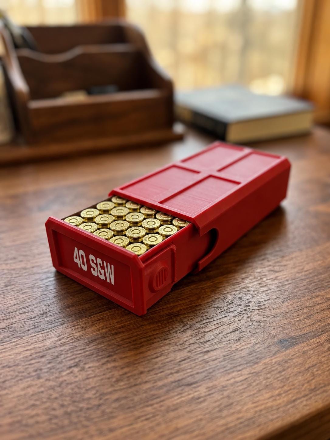 40 S&W Ammo Box – 50 Round Stackable Storage Case, Sliding Drawer Organizer