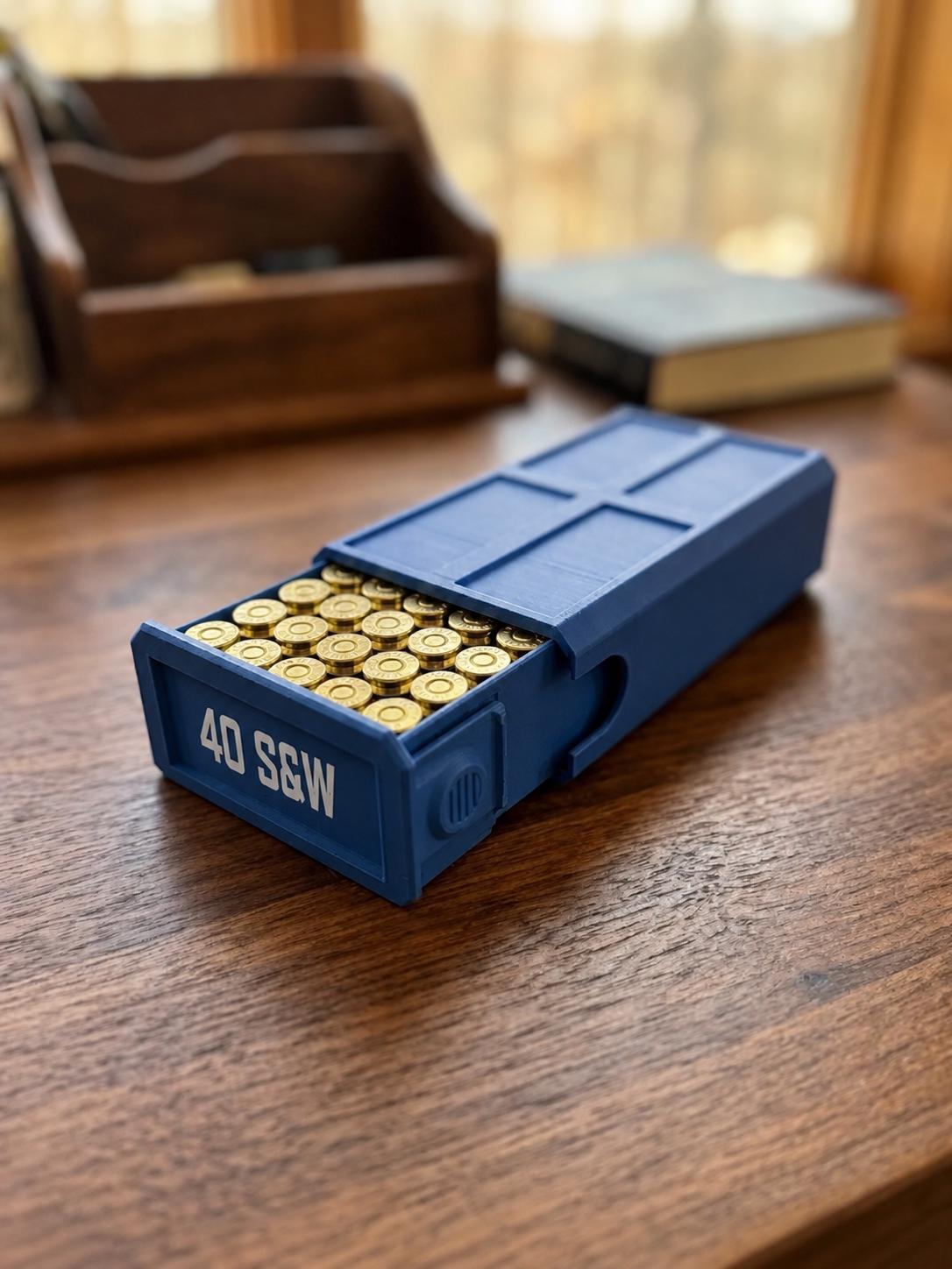 40 S&W Ammo Box – 50 Round Stackable Storage Case, Sliding Drawer Organizer