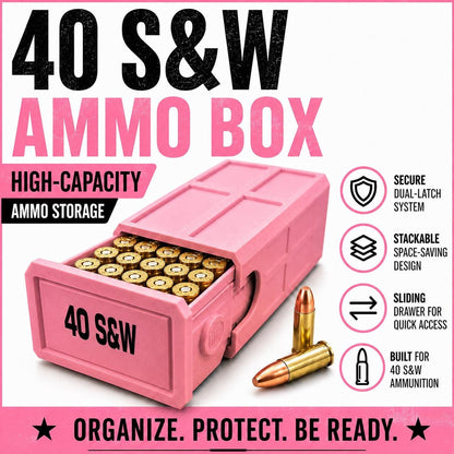 40 S&W Ammo Box – 50 Round Stackable Storage Case, Sliding Drawer Organizer