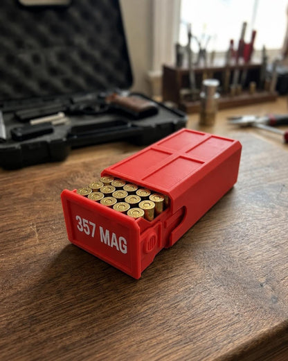 357 Magnum Ammo Box – 20 Round Stackable Storage Case, Sliding Drawer Organizer