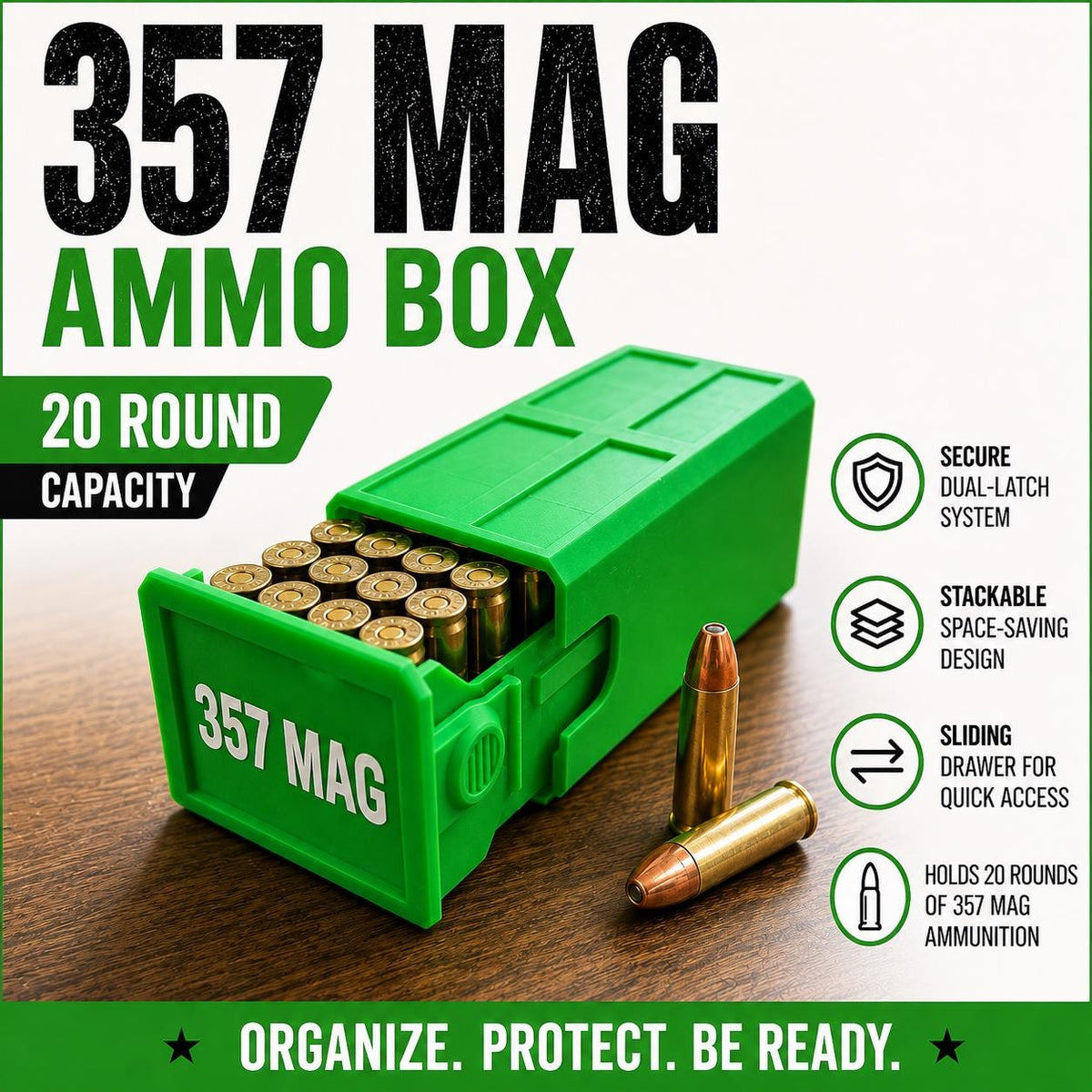 357 Magnum Ammo Box – 20 Round Stackable Storage Case, Sliding Drawer Organizer