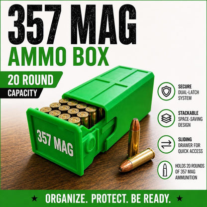 357 Magnum Ammo Box – 20 Round Stackable Storage Case, Sliding Drawer Organizer