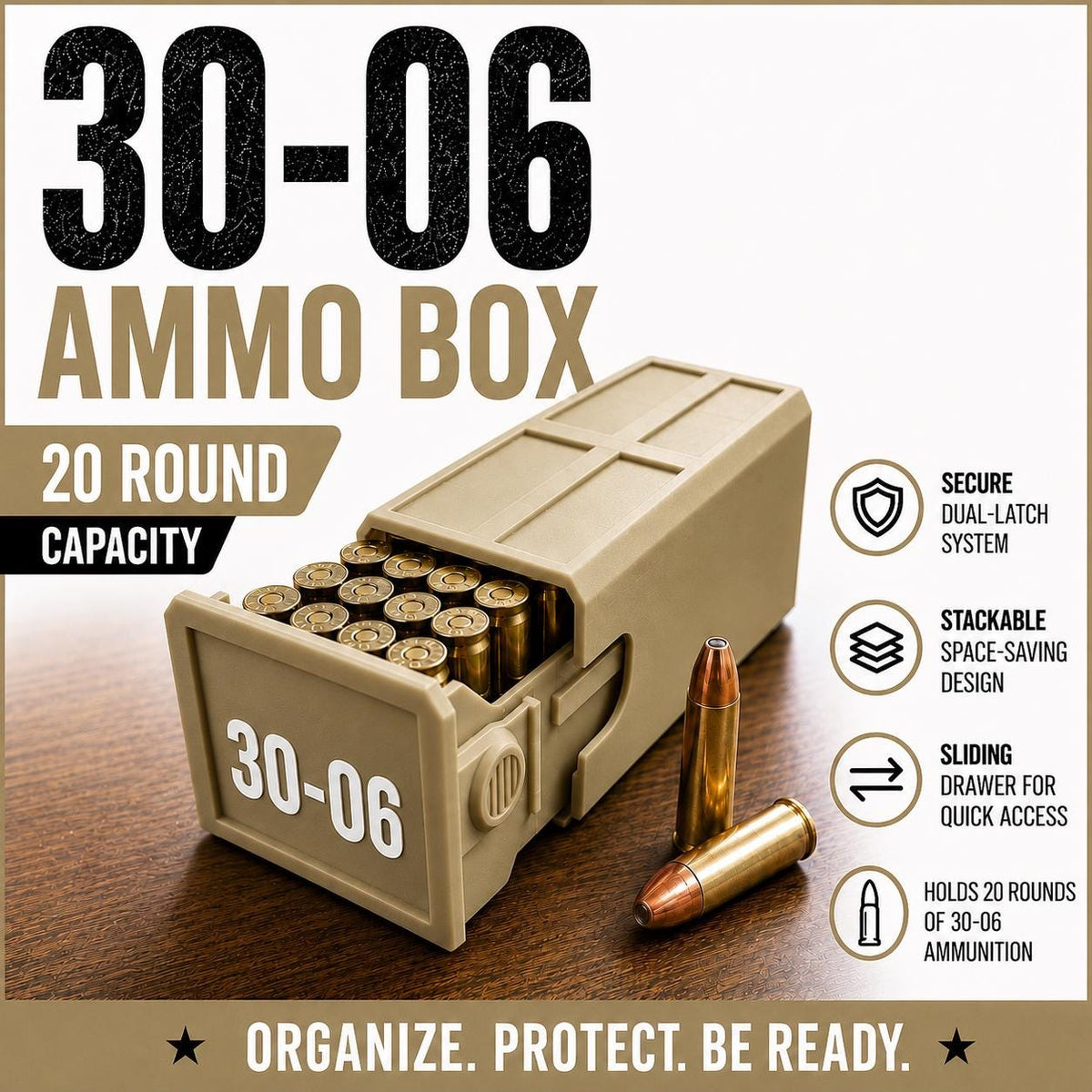 30-06 Springfield Ammo Box, 20 Round Storage Case, Stackable Sliding Organizer