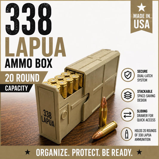 338 Lapua Ammo Box – 20 Round Stackable Storage Case (Made in USA)