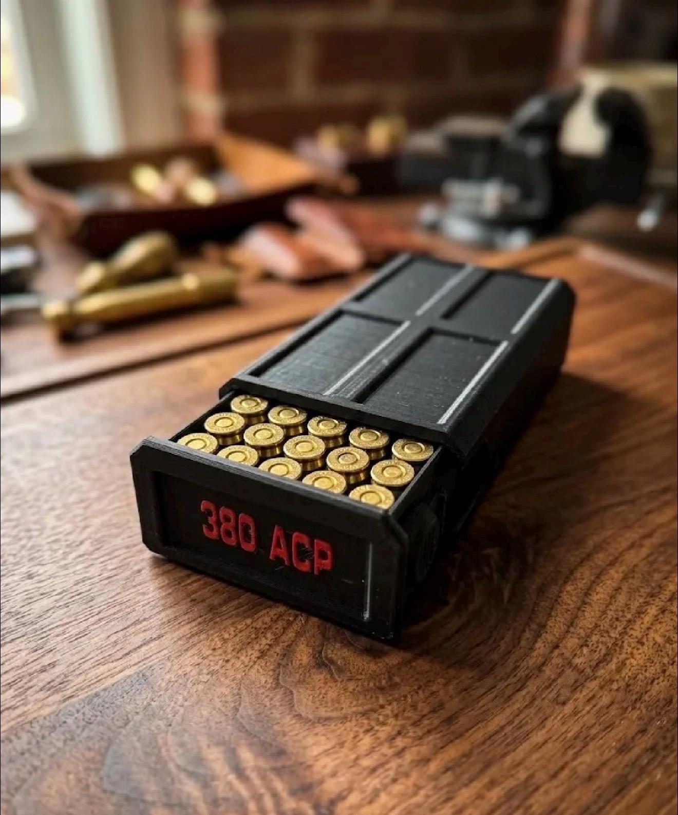 380 ACP Ammo Storage Box – 50 Round Stackable Case with Sliding Tray