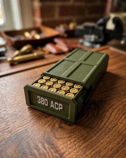 380 ACP Ammo Storage Box – 50 Round Stackable Case with Sliding Tray