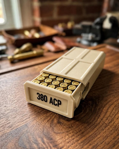 380 ACP Ammo Storage Box – 50 Round Stackable Case with Sliding Tray