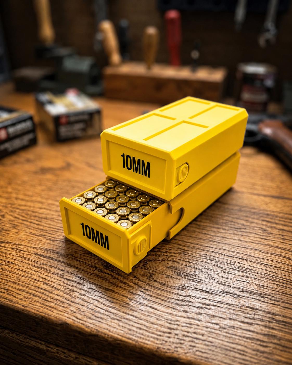 10MM Ammo Storage Box – 50 Round Stackable Case, Secure Latches, Personalized Colors