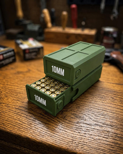 10MM Ammo Storage Box – 50 Round Stackable Case, Secure Latches, Personalized Colors