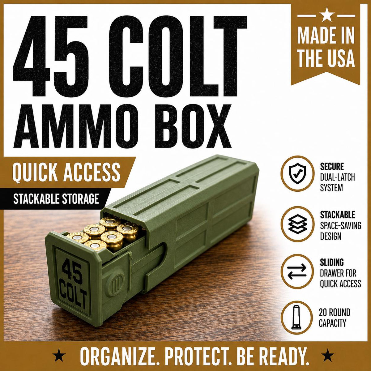 45 Colt Ammo Box – 20 Round Capacity – Stackable Sliding Drawer Ammunition Storage Case