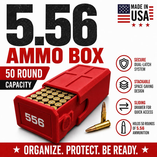 5.56 Ammo Box – 50 Round Stackable Ammunition Storage Case – Sliding Drawer with Dual Latches