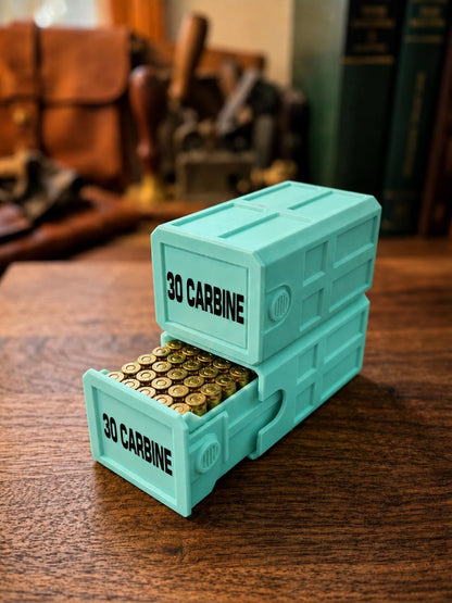 30 Carbine 50 Round Ammo Box – Stackable, Dual Latch, Storage Case, Custom Colors