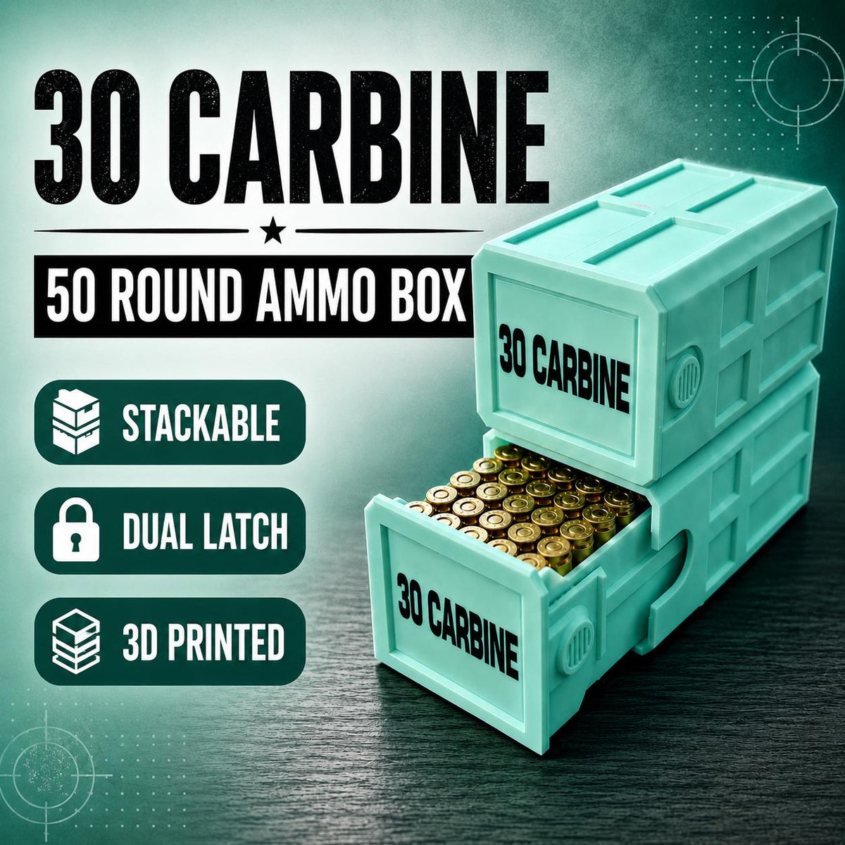 30 Carbine 50 Round Ammo Box – Stackable, Dual Latch, Storage Case, Custom Colors