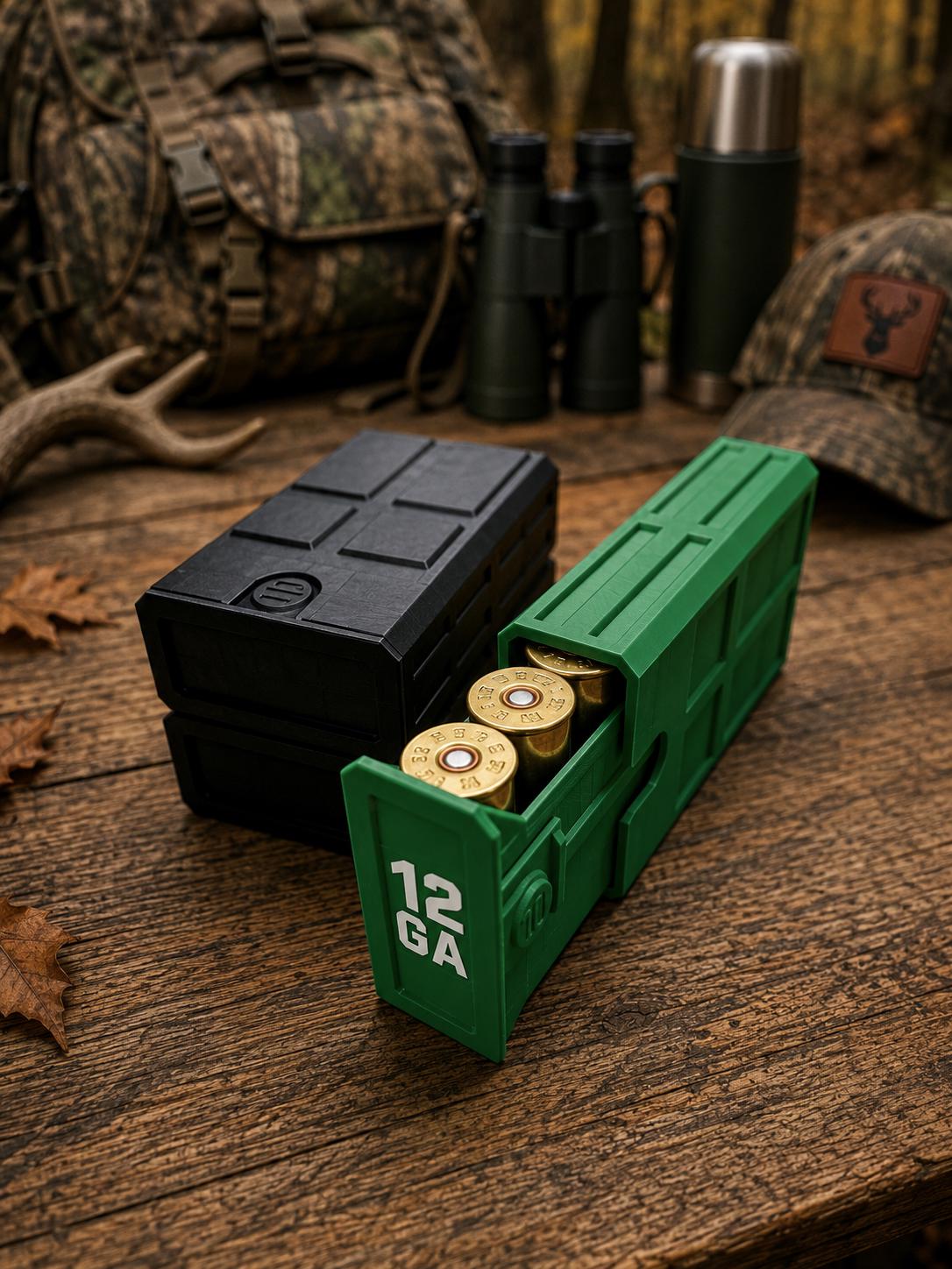 12 Gauge Hunting Ammo Box – 5 Round Shotgun Shell Holder, Stackable Storage Case. Custom Colors.