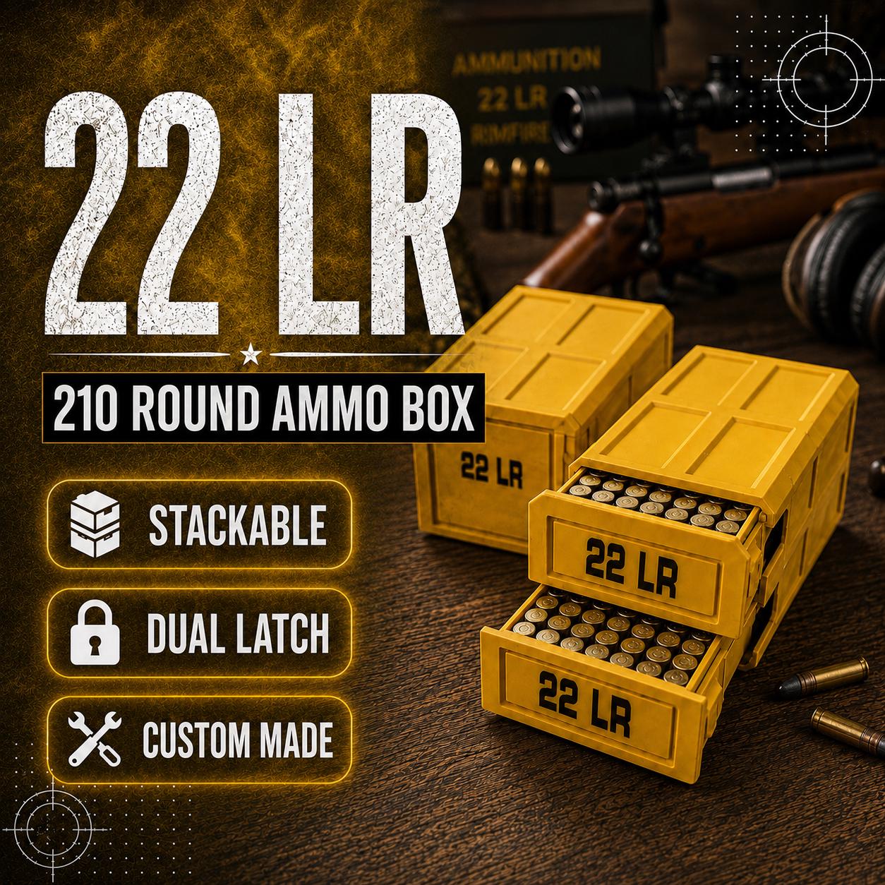 22LR Ammo Box – 210 Round Capacity – Stackable Sliding Ammunition Storage Case