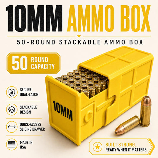 10MM Ammo Storage Box – 50 Round Stackable Case, Secure Latches, Personalized Colors