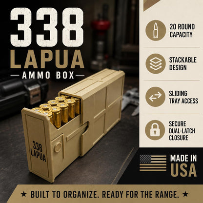 338 Lapua Ammo Box – 20 Round Stackable Storage Case (Made in USA)