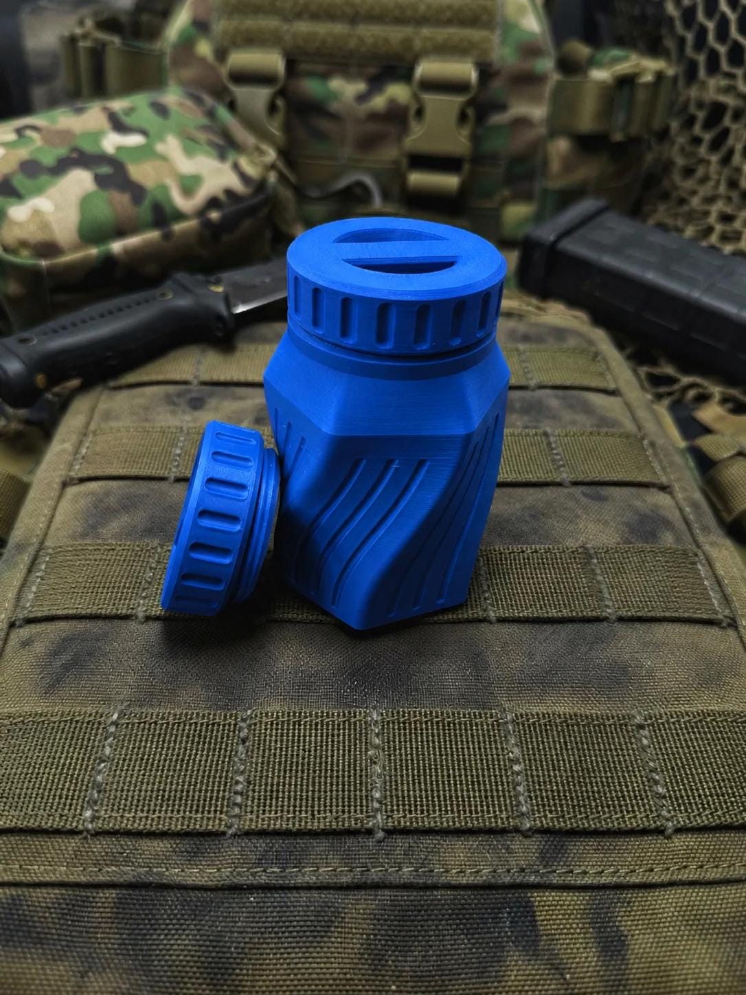 Rugged Twisted Storage Container, Tactical Screw Top Utility Capsule, EDC Gear Container with Lanyard Hole. Gift for outdoor hunter dad