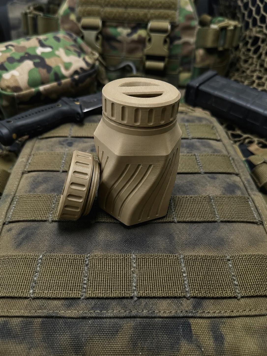 Rugged Twisted Storage Container, Tactical Screw Top Utility Capsule, EDC Gear Container with Lanyard Hole. Gift for outdoor hunter dad