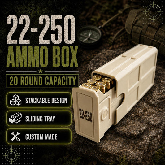 22-250 Remington Ammo Box, 20 Round Stackable Ammunition Storage Case, Custom Color Range Box and Gun Safe Organizer