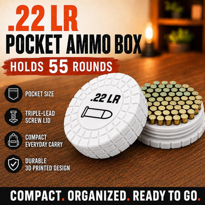 22LR Pocket Ammo Box – 55 Round Capacity – Compact Stackable Sliding Ammunition Storage Case