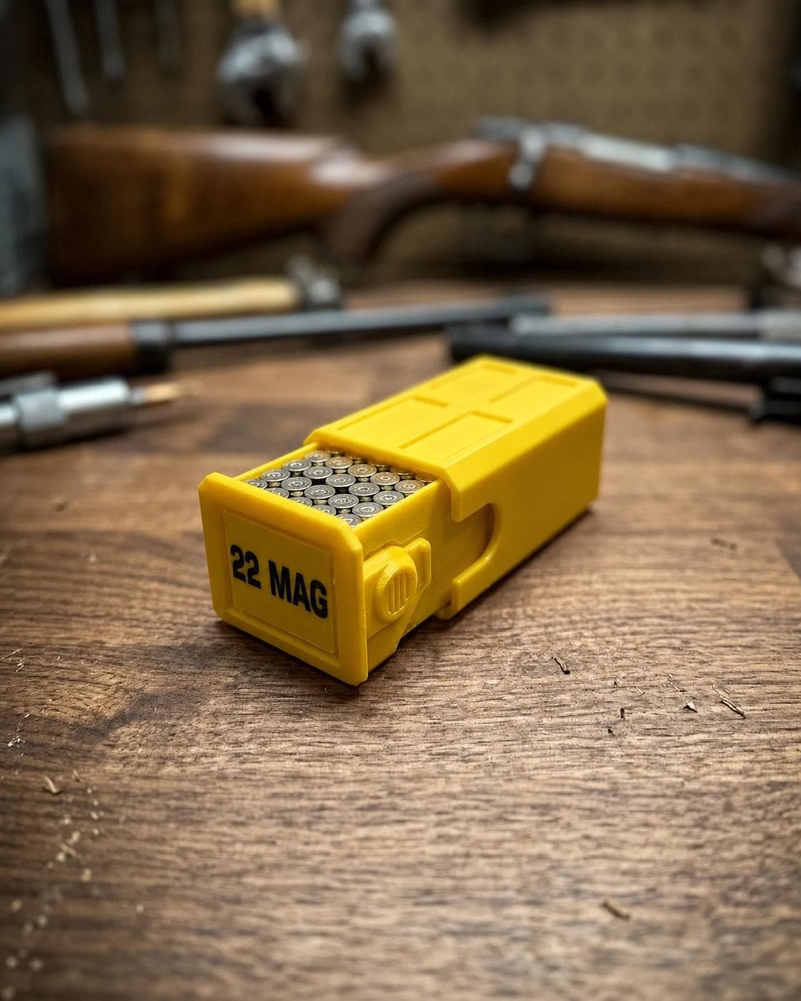 22 Magnum Ammo Box – 50 Round Stackable Storage Case with Sliding Drawer, Dual Latches.
