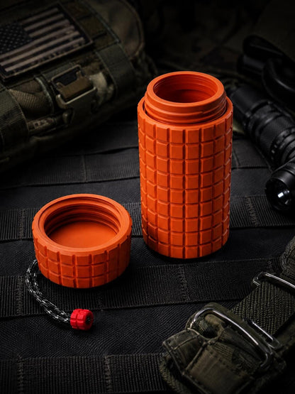 Rugged Frag Texture Storage Container, Tactical Screw Top Utility Capsule, EDC Gear Container with Lanyard Hole. Gift for outdoor hunter dad