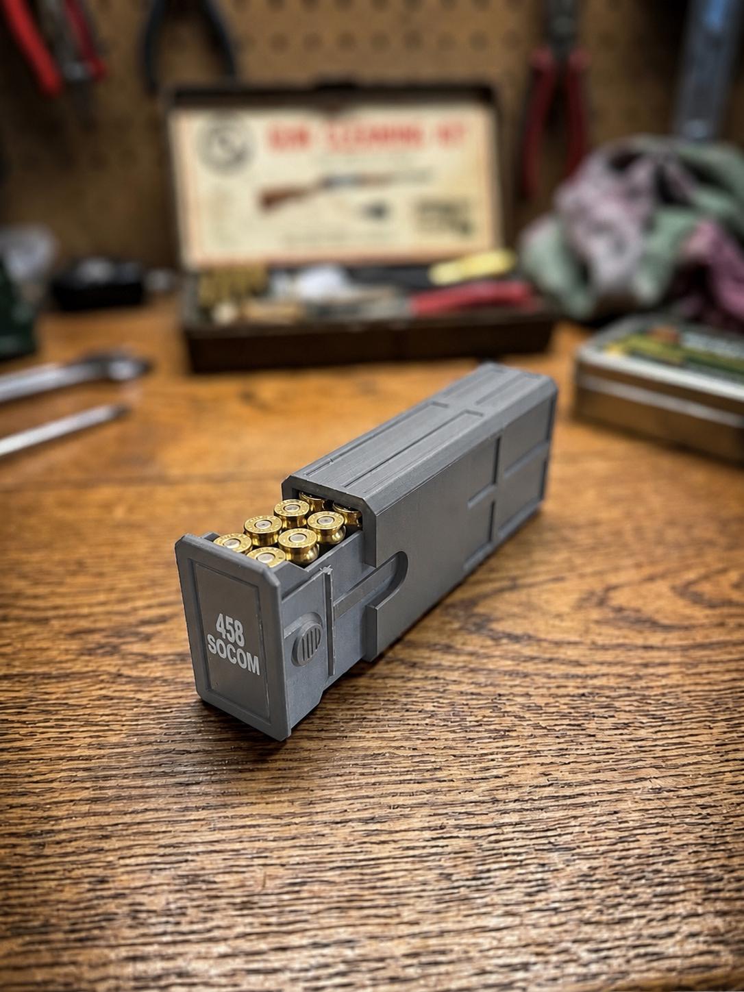 458 SOCOM Ammo Box – Empty 20 Round 3D Printed Ammunition Storage Case, Stackable Sliding Range Box, Secure Dual Latch Holder
