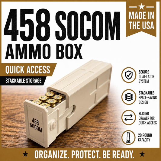 458 SOCOM Ammo Box – Empty 20 Round 3D Printed Ammunition Storage Case, Stackable Sliding Range Box, Secure Dual Latch Holder