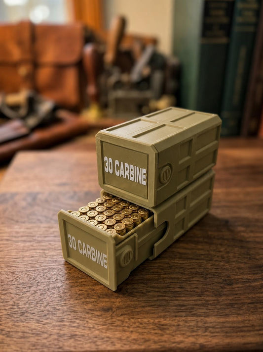 30 Carbine 50 Round Ammo Box – Stackable, Dual Latch, Storage Case, Custom Colors