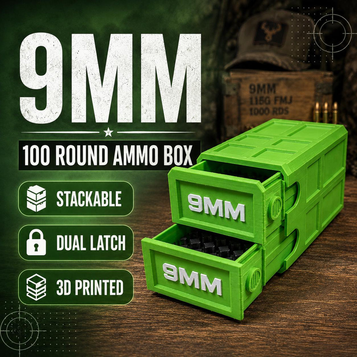 9MM Ammo Storage Box – 100 Round Stackable Case, Dual-Latch Organizer