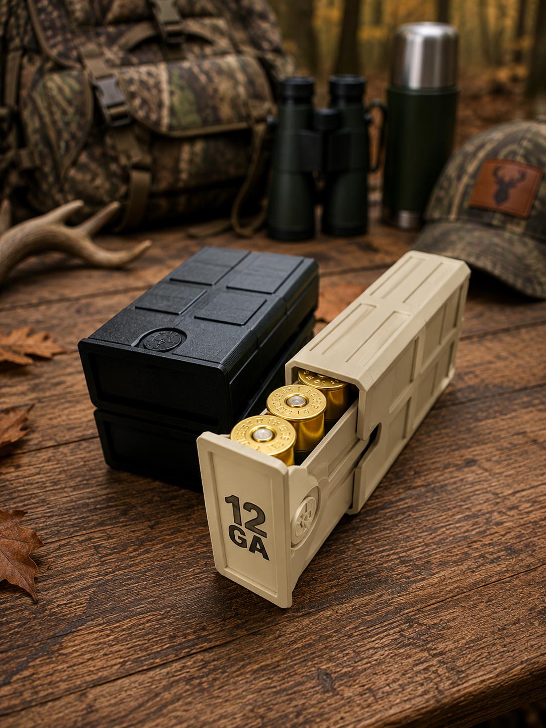 12 Gauge Hunting Ammo Box – 5 Round Shotgun Shell Holder, Stackable Storage Case. Custom Colors.