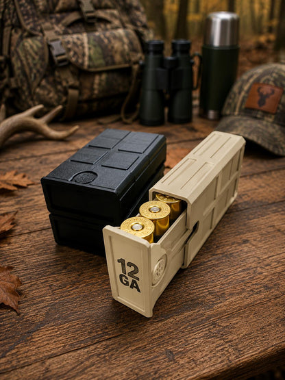 12 Gauge Hunting Ammo Box – 5 Round Shotgun Shell Holder, Stackable Storage Case. Custom Colors.