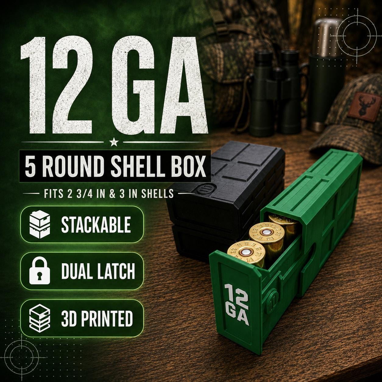 12 Gauge Hunting Ammo Box – 5 Round Shotgun Shell Holder, Stackable Storage Case. Custom Colors.