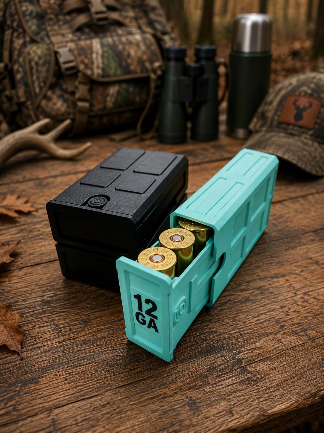 12 Gauge Hunting Ammo Box – 5 Round Shotgun Shell Holder, Stackable Storage Case. Custom Colors.