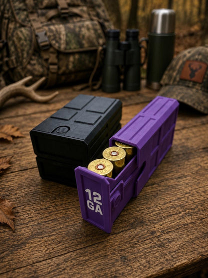 12 Gauge Hunting Ammo Box – 5 Round Shotgun Shell Holder, Stackable Storage Case. Custom Colors.