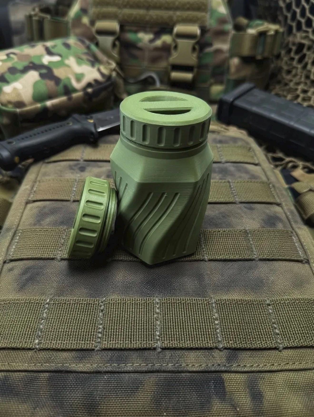 Rugged Twisted Storage Container, Tactical Screw Top Utility Capsule, EDC Gear Container with Lanyard Hole. Gift for outdoor hunter dad