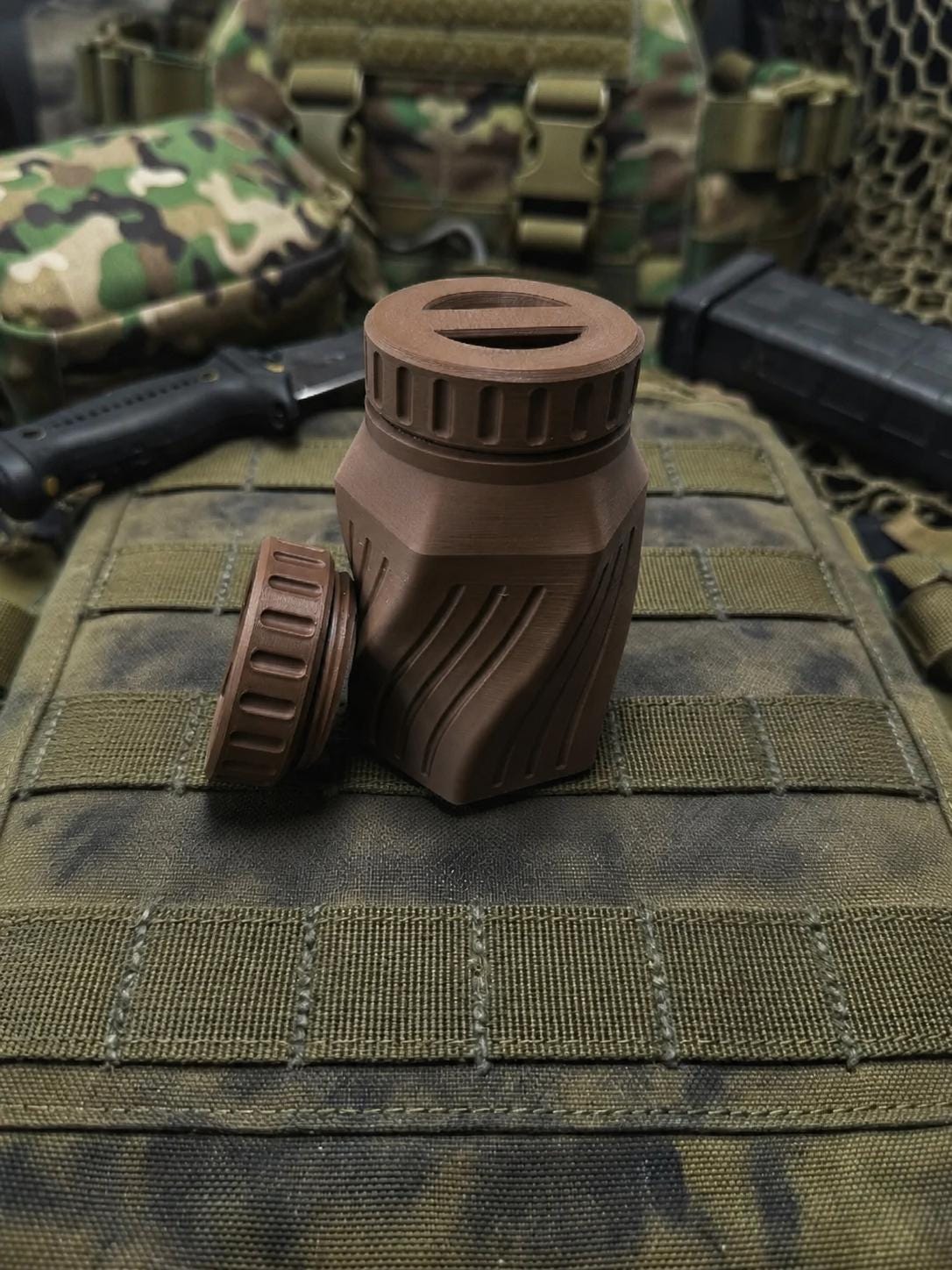 Rugged Twisted Storage Container, Tactical Screw Top Utility Capsule, EDC Gear Container with Lanyard Hole. Gift for outdoor hunter dad