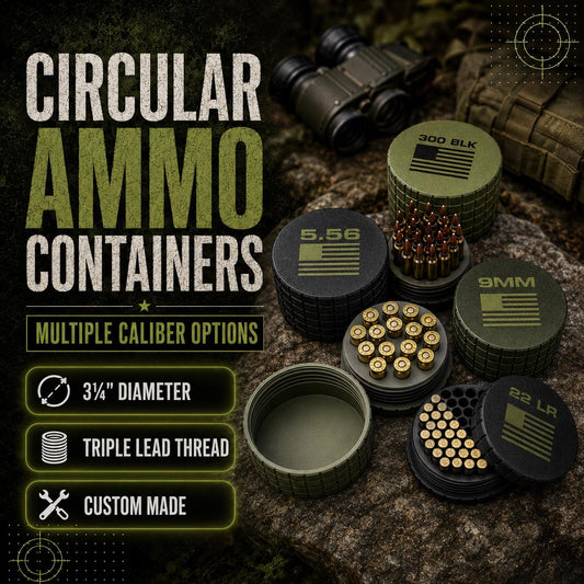 9MM Circular Frag Pattern Ammo Case, Quick-Twist Lid, Multiple Color Options