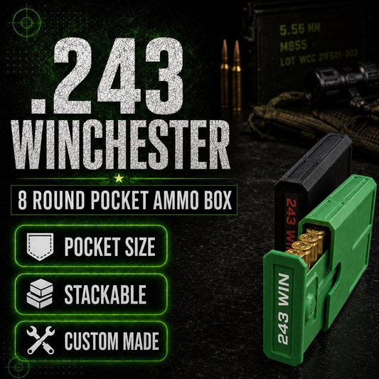 243 Winchester Pocket Ammo Box – 8-Round Stackable Sliding Ammunition Storage Case, 3D-Printed Range & Hunting Organizer