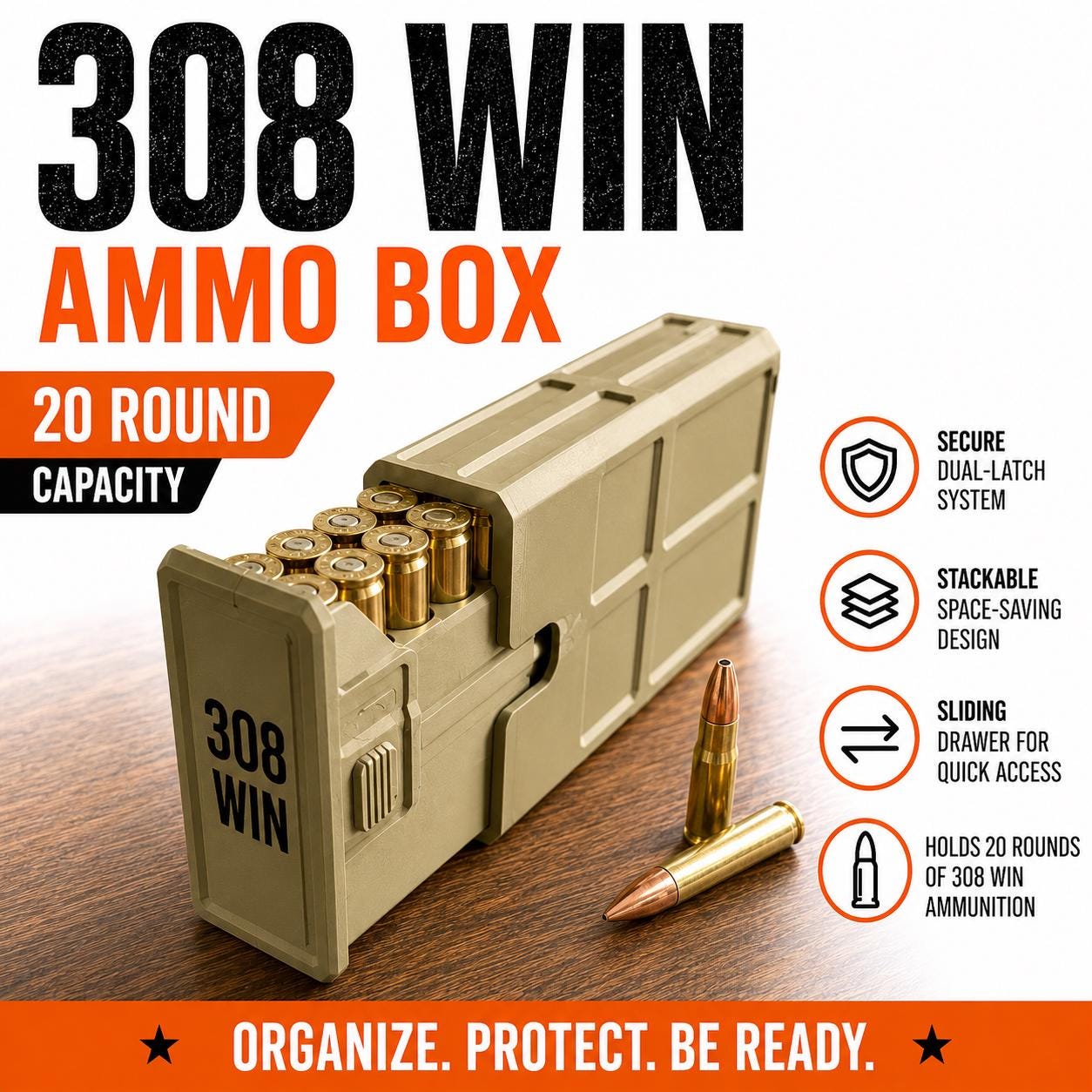308 Winchester Magnum Ammo Box | 20 Round Stackable Storage Case | Dual-Latch Ammo Holder