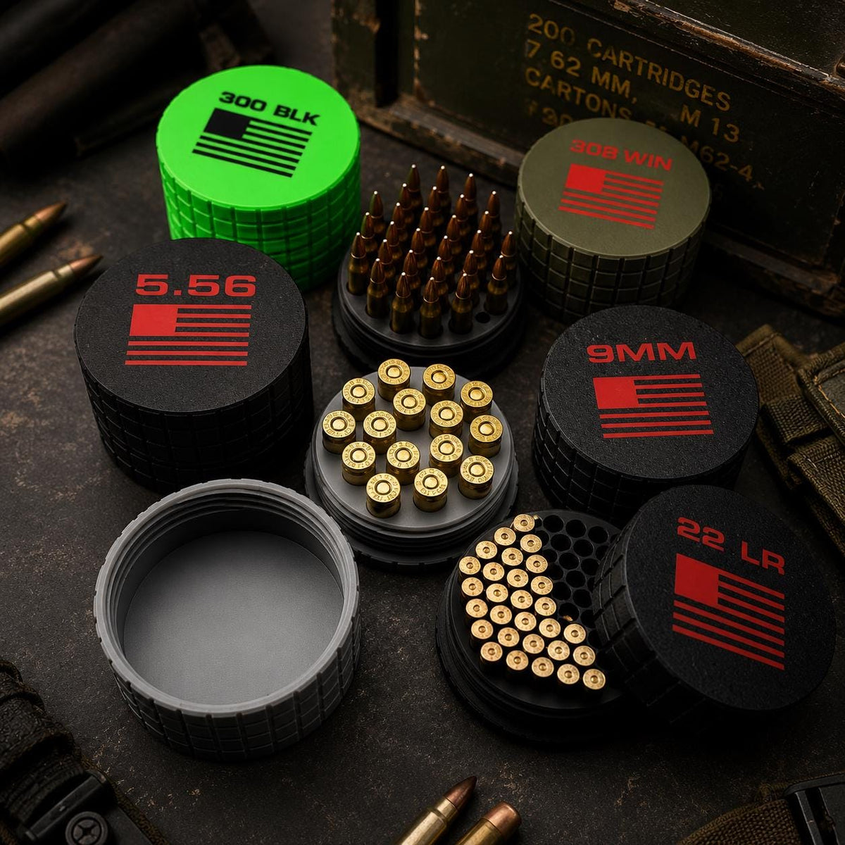 22LR Circular Frag Pattern 61 Rounds Ammo Case, Quick-Twist Lid, Multiple Color Options