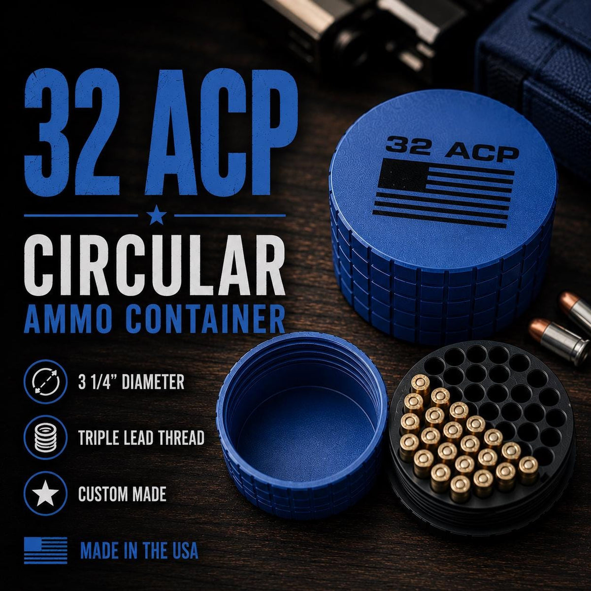 32 ACP Circular Frag Pattern 26 Rounds Ammo Case, Quick-Twist Lid, Multiple Color Options