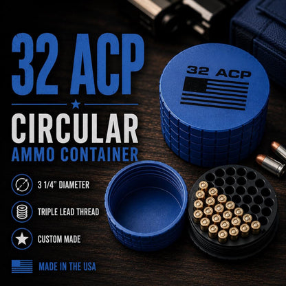 32 ACP Circular Frag Pattern 26 Rounds Ammo Case, Quick-Twist Lid, Multiple Color Options