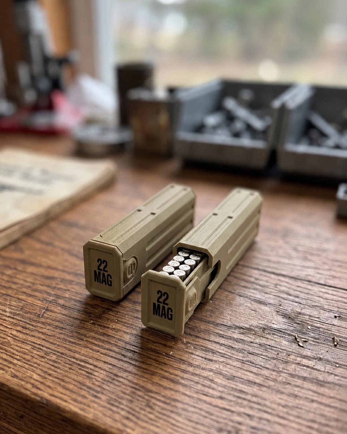 22 Magnum Ammo Box – 30 Round Stackable Pocket Storage Case with Sliding Drawer, Dual Latches.