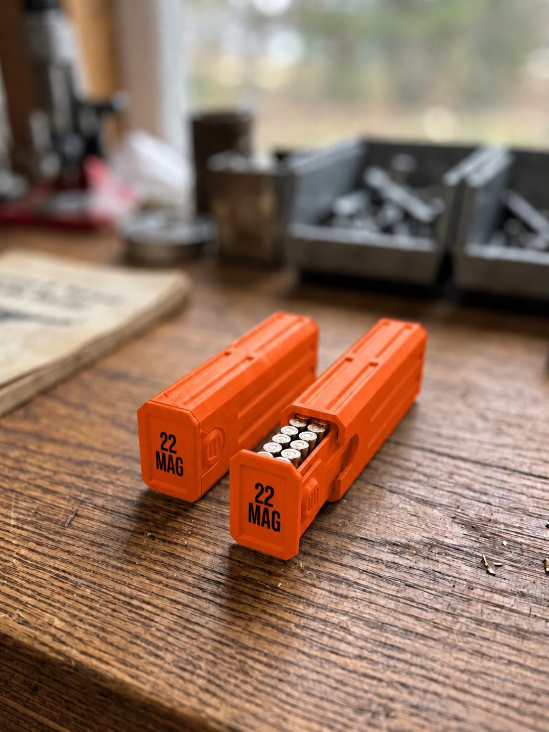22 Magnum Ammo Box – 30 Round Stackable Pocket Storage Case with Sliding Drawer, Dual Latches.