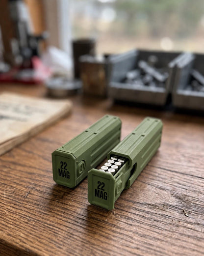 22 Magnum Ammo Box – 30 Round Stackable Pocket Storage Case with Sliding Drawer, Dual Latches.